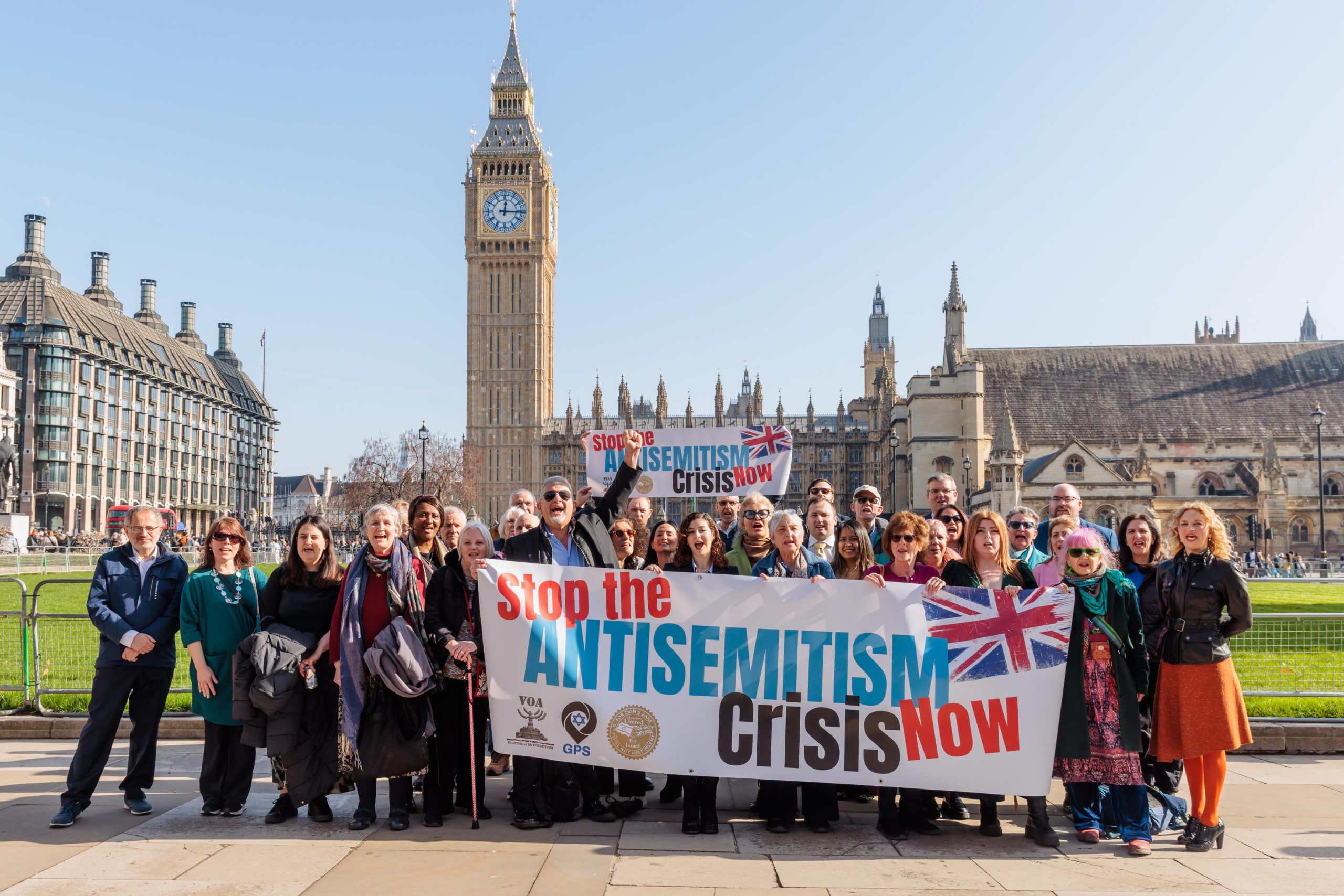 Victims of Antisemitism gather in Parliament Square ahead of a meeting with MPs to discuss their experiences and call for urgent action to tackle Britain's unprecedented levels of antisemitism.